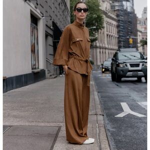 Zara Faux Suede Wide Leg Pants and Faux Suede Safari Shirt set in light brown
